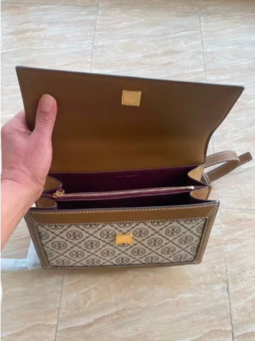 Tory Burch Beige and Brown Logo-Print Crossbody Bag